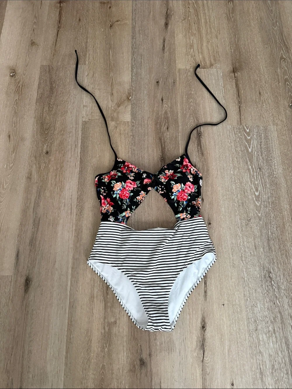 Abercrombie & Fitch Black Floral and White Striped Cutout One-Piece